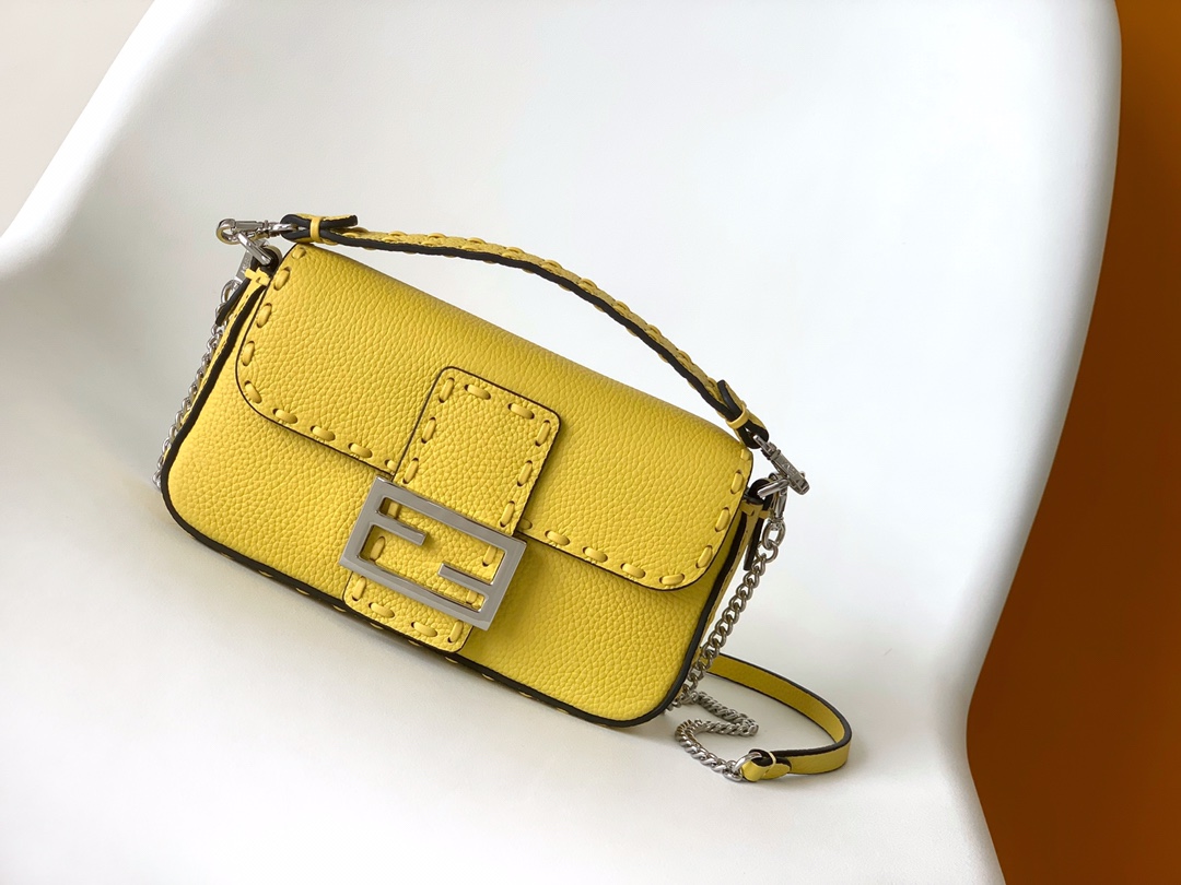 Fendi Mini Baguette Selleria With 309 Hand-sewn Topstitches Shoulder Bag Lemon Yellow